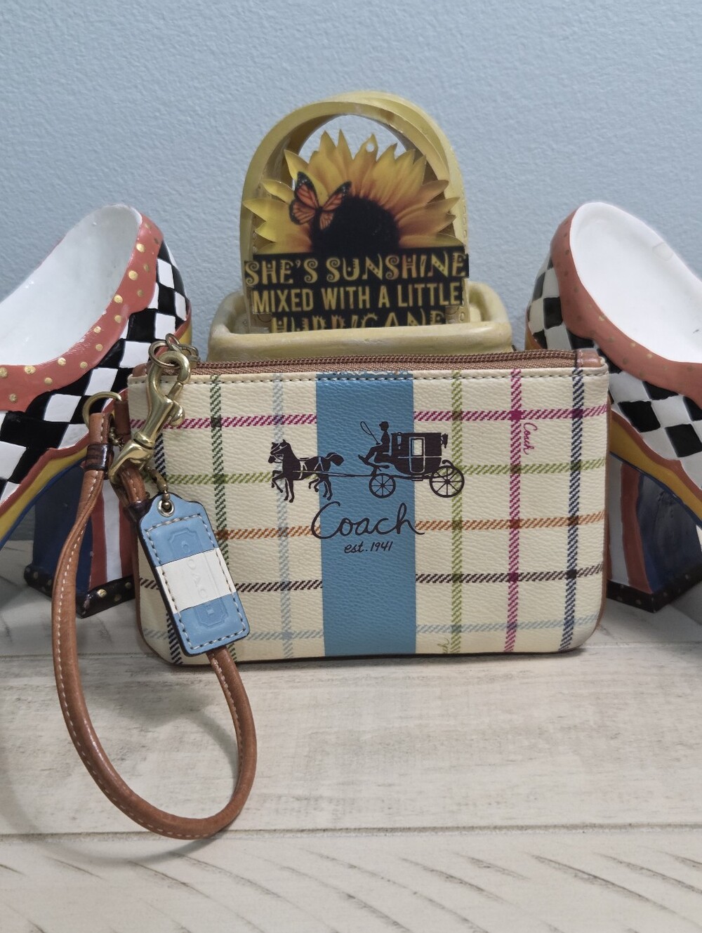 Coach Heritage Stripe Tattersall Plaid Wristlet Cream Blue, VTG, EUC